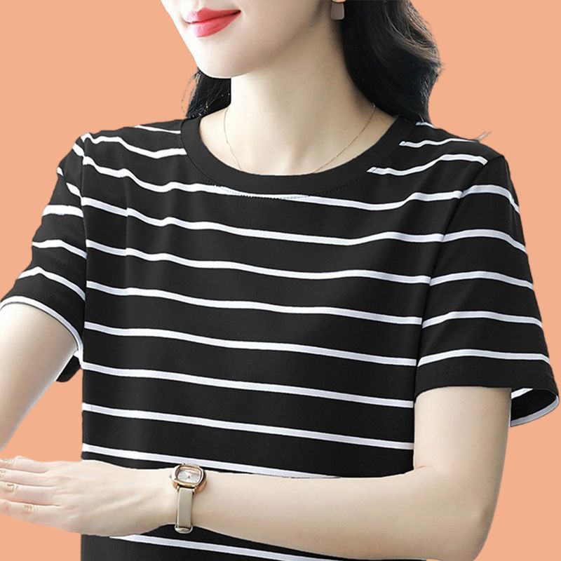 纯棉短袖t恤女新款夏季大码条纹宽松上衣服半袖体恤衫高档妈妈装