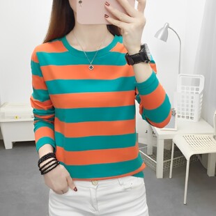 宽松遮肚妈妈装 纯棉春秋新款 加肥加大码 t恤女装 圆领上衣 条纹长袖