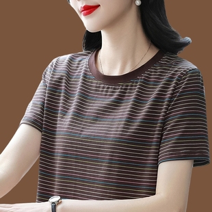 夏季 T恤女高级感休闲显瘦妈妈上衣 新款 气质圆领咖色纯棉条纹短袖