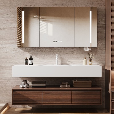 智能酒店风浴室柜岩板热弯一体盆胡桃木洗漱台洗手池洗脸盆柜组合