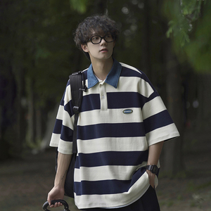 @港仔文艺男 日系CityBoy条纹短袖t恤男生夏季宽松复古撞色Polo衫