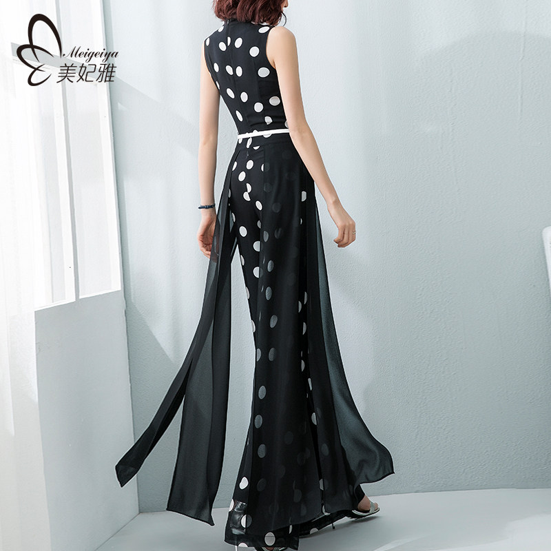 美妃雅波点连体裤女夏长款2024年新款雪纺连衣阔腿套装气质连身裤