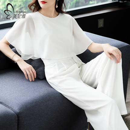 美妃雅连体裤女秋2025新款白色阔腿裤套装秋装薄款雪纺连衣裤气质