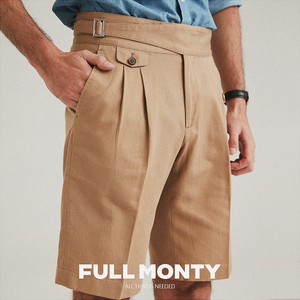 FULL MONTY男士亚麻短裤纯色修身商务休闲裤百搭工装裤子夏季薄款