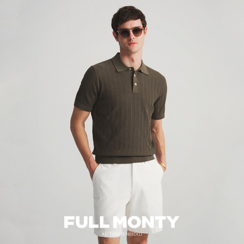FULL MONTY男士翻领polo衫短袖针织商务休闲纯棉T恤灰绿色春夏