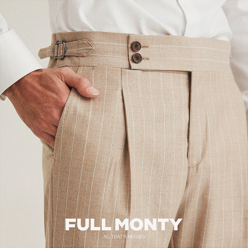 FULL MONTY条纹休闲西裤男士商务正装修身卡其色直筒羊毛西装裤子
