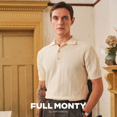 FULL MONTY男士米白色针织短袖翻领polo衫纯棉商务休闲T恤春夏