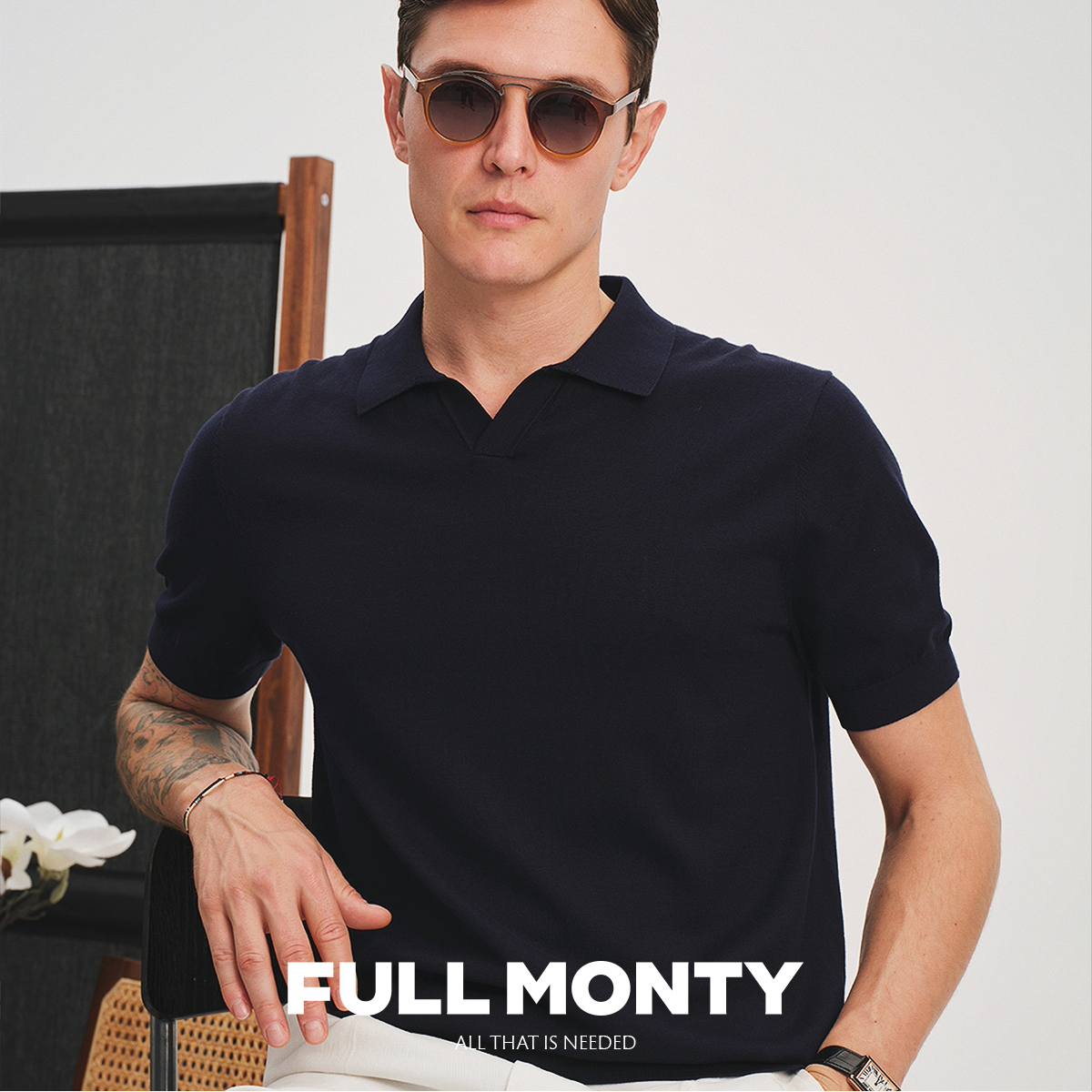 FULL MONTY纯棉翻领针织男士POLO衫藏青色休闲小V领短袖T恤夏季