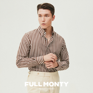 FULL MONTY条纹暗扣领长袖衬衫男士纯棉休闲修身正装衬衣夏季