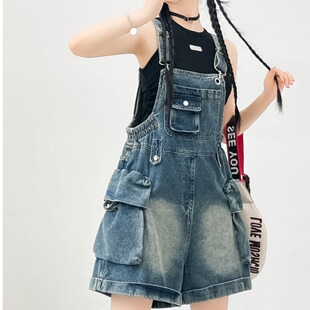 复古设计感口袋牛仔背带短裤女春夏季新款宽松高腰显腿阔腿连体裤