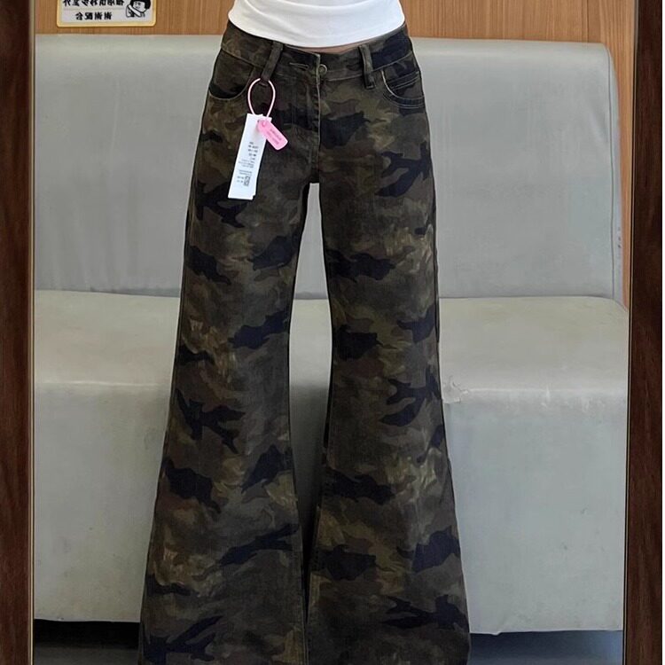 美式复古迷彩微喇低腰牛仔裤女2026春季新款小个子垂感马蹄拖地裤