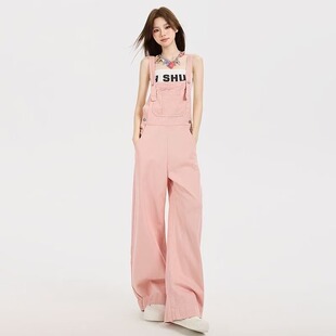美式高街牛仔背带裤女秋夏季新款高腰宽松显瘦垂直感小个子阔腿裤