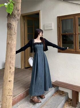 黑色针织开衫毛衣撞色拼接抹胸吊带牛仔连衣裙高级感气质两件套装