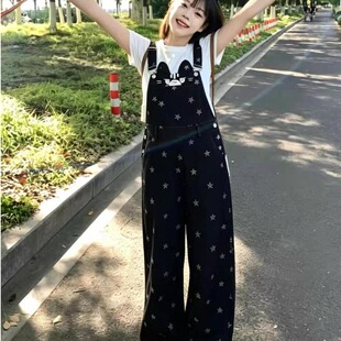 小猫星星印花黑色牛仔背带裤女2026夏季新款宽松阔腿连体拖地长裤