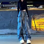 大口袋百搭阔腿裤 复古牛仔裤 潮 高腰直筒抽绳工装 裤 女2025春季 新款