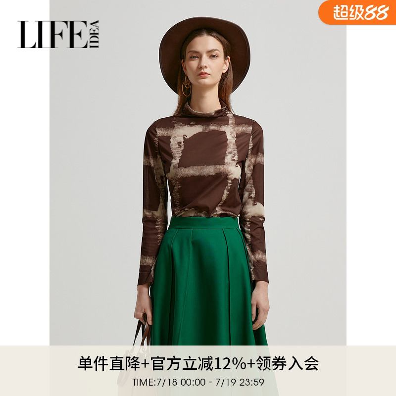 莱芙艾迪儿堆堆领印花长袖上衣秋季复古时髦打底衫1W3S24103