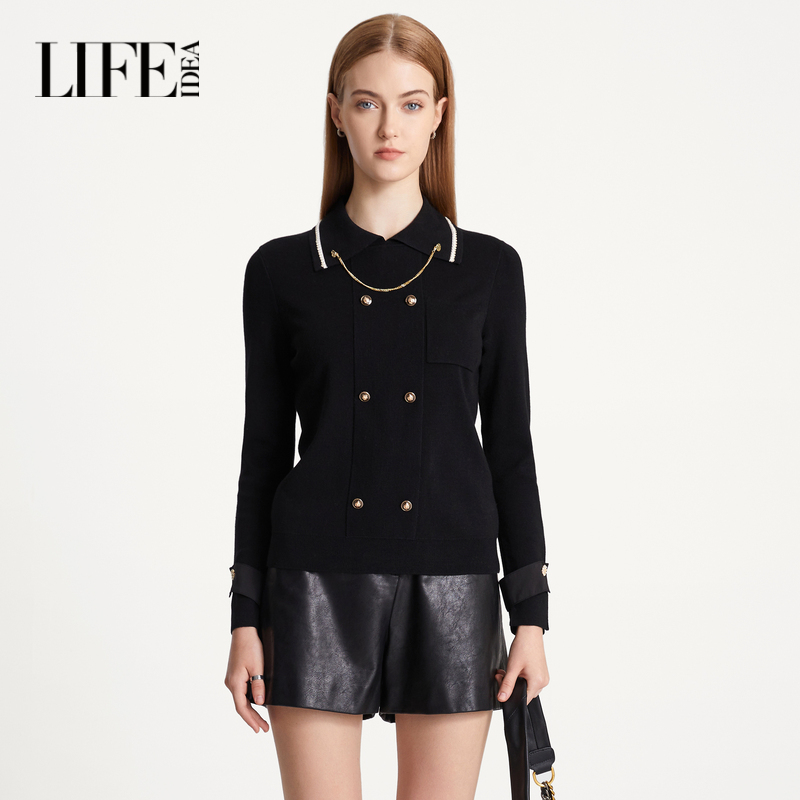 莱芙艾迪儿黑色针织衫秋季修身显瘦毛衫气质上衣1D4M38096