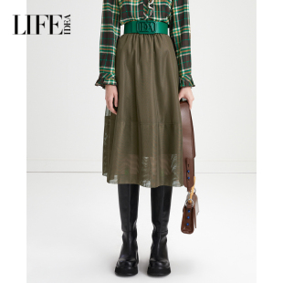 拼色百搭中长裙 新款 莱芙艾迪儿品牌女装 休闲通勤网纱半身裙女秋季