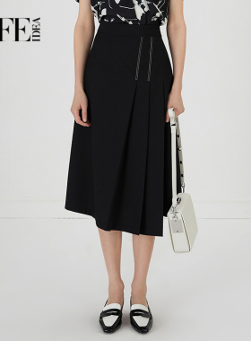 莱芙艾迪儿经典中长款a字半身裙女夏不规则黑色裙子1E2Q83117