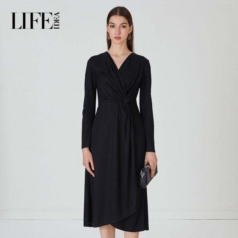 莱芙艾迪儿秋季新款气质中长袖连衣裙时髦高腰长裙子3E3L94003