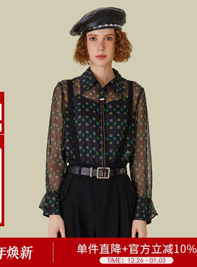 朦胧微透印花衬衫秋季设计感通勤长袖上衣衬衣5E3C34064