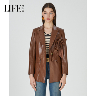 翻领高级感棕色皮衣外套女中长款 一粒扣西装 新款 莱芙艾迪儿秋季