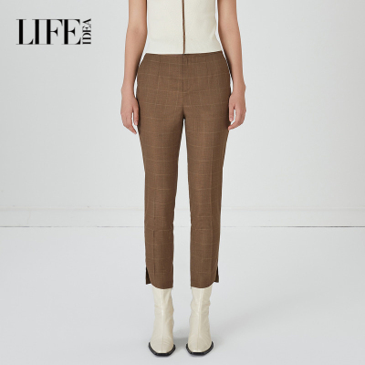 莱芙·艾迪儿复古直筒格纹西装裤女秋冬高腰显瘦休闲裤1E3K74002