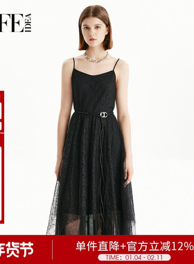 莱芙艾迪儿吊带连衣裙网纱蕾丝裙精致优雅黑色裙子1E1L91118
