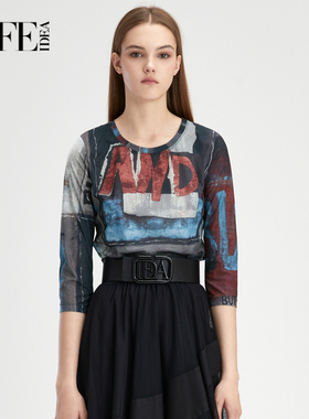莱芙艾迪儿品牌女装T恤修身时尚涂鸦印花时髦气质上衣1D3S24081