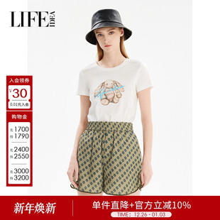 莱芙艾迪儿正肩短袖 T恤全棉简约百搭印花上衣俏皮减龄1E1T21182