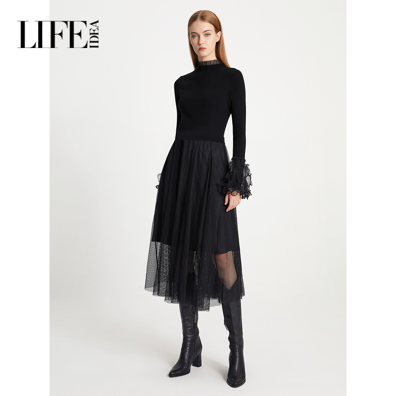 羊毛纯色时尚收腰打底毛衣连衣裙