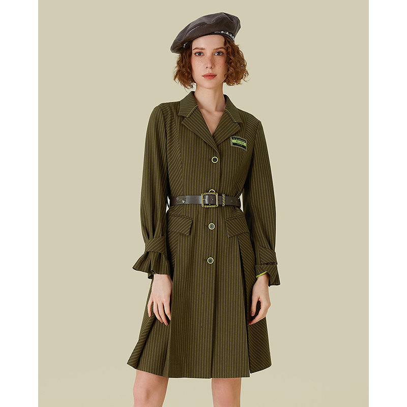 秋季休闲简约条纹百褶连衣裙女职场通勤干练气质长袖连衣裙