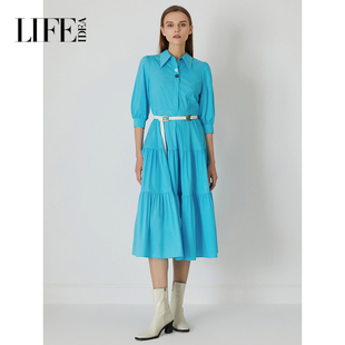 莱芙艾迪儿简约收腰气质连衣裙女夏灯笼袖 裙1E1L94186 蓝色衬衫