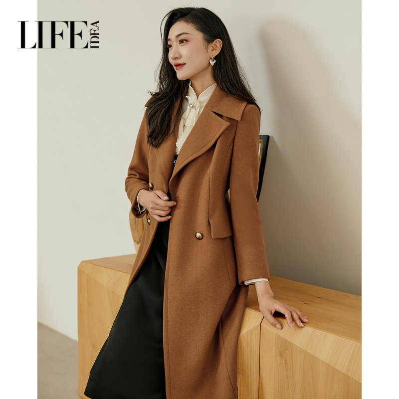 【商场同款】莱芙艾迪儿毛呢外套女冬季绵羊毛长款大衣1E4D65124