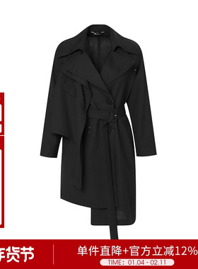 艺术风情不对称设计大翻领中长款黑色风衣外套2D3W64166