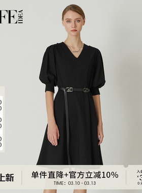 莱芙艾迪儿小黑裙气质V领连衣裙复古灯笼袖裙子小礼服1E1L94164