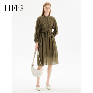 莱芙艾迪儿莱赛尔衬衫 裙收腰裙子感典雅薄纱连衣裙1E1L94173