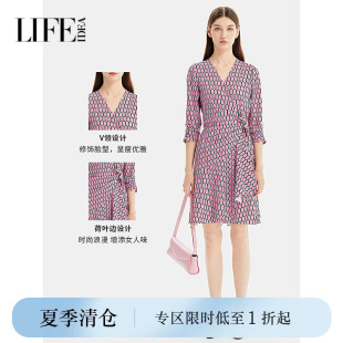 莱芙艾迪儿时尚几何印花设计感连衣裙女温柔精致荷叶边中长袖裙子