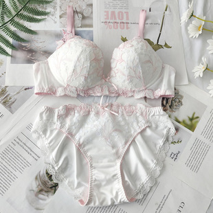 当季新款日系无钢圈小清新中厚内衣舒适刺绣花低鸡心舒适文胸套装