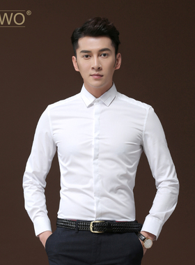 POWO长袖衬衫男士白色衬衣刺绣修身商务休闲衣服韩版男装秋季寸衫