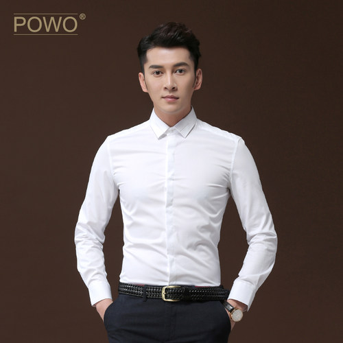 powo白色刺绣商务休闲长袖衬衫