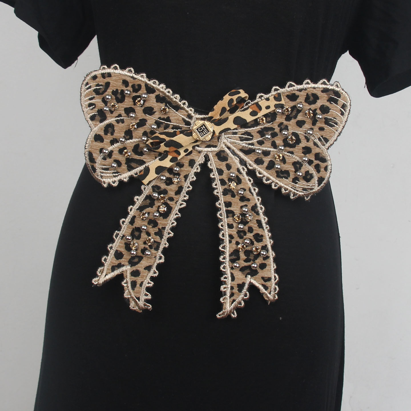 豹纹腰带腰封女士黑色大蝴蝶结连衣裙子装饰配饰弹力松紧收腰