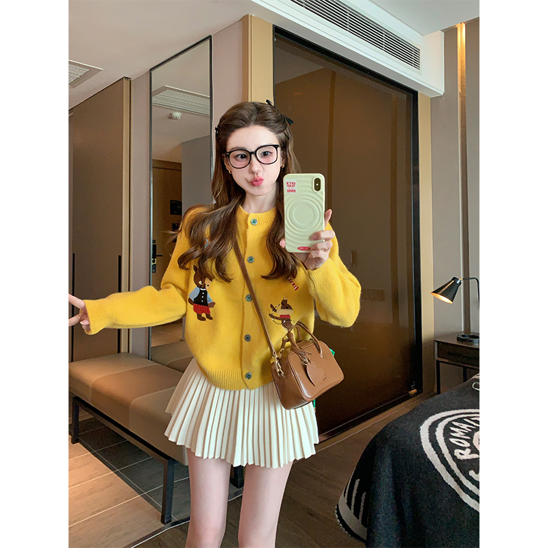 黄色卡通开衫毛衣女早秋2025新款宽松软糯慵懒风设计感针织衫外穿