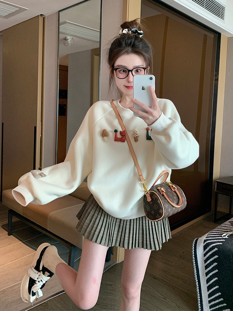 米白色卡通圆领卫衣女2025新款春秋设计感小众宽松显瘦慵懒风上衣