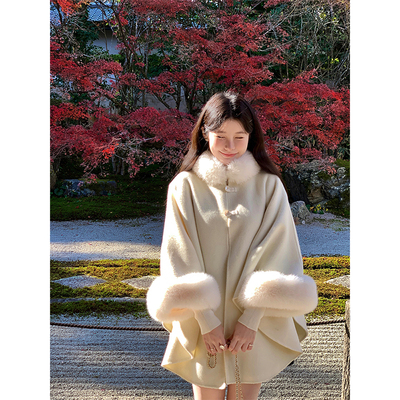 复古毛毛斗篷双面呢外套女高级感宽松百搭羊毛大衣秋冬季2025新款