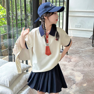 套装 洋气女大童短袖 女童夏季 2025新款 POLO衫 儿童学院风百褶裙夏装