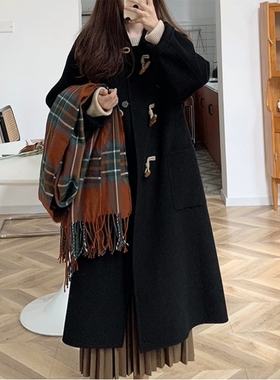 黑色牛角扣双面羊绒大衣女小个子2025秋冬新款赫本风羊毛呢子外套