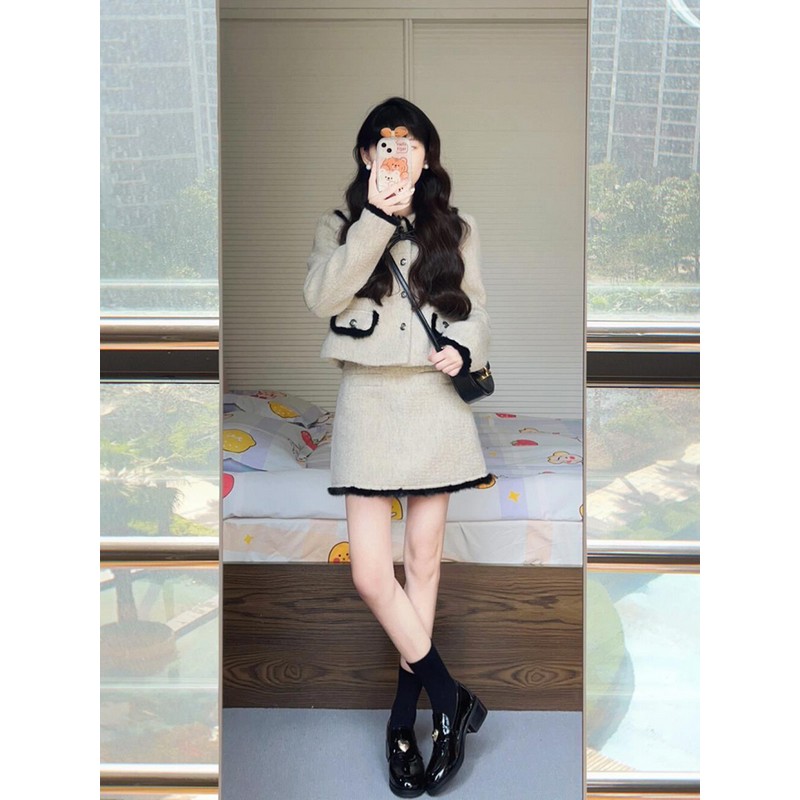 名媛小香风撞色外套半身裙套装女设计感拼接短款上衣短裙子秋冬季