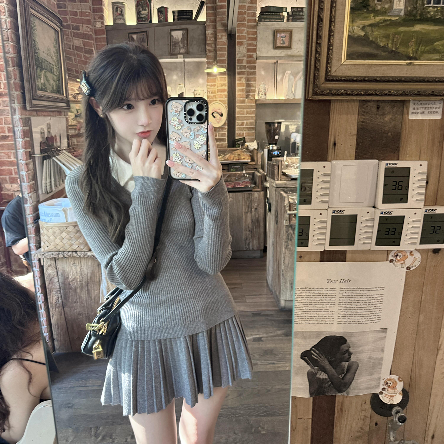 千金风灰色针织休闲套装女减龄显瘦假两件上衣百褶短裙两件套秋季