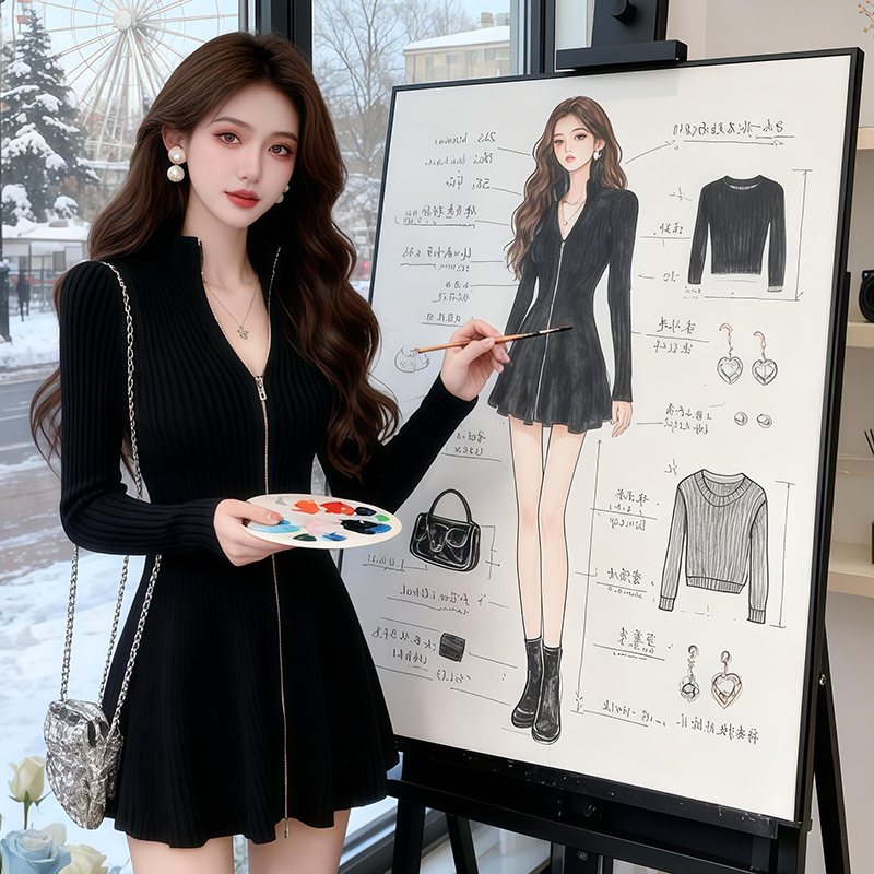 黑色修身针织连衣裙子女收腰气质设计感小众内搭打底包臀短裙秋冬